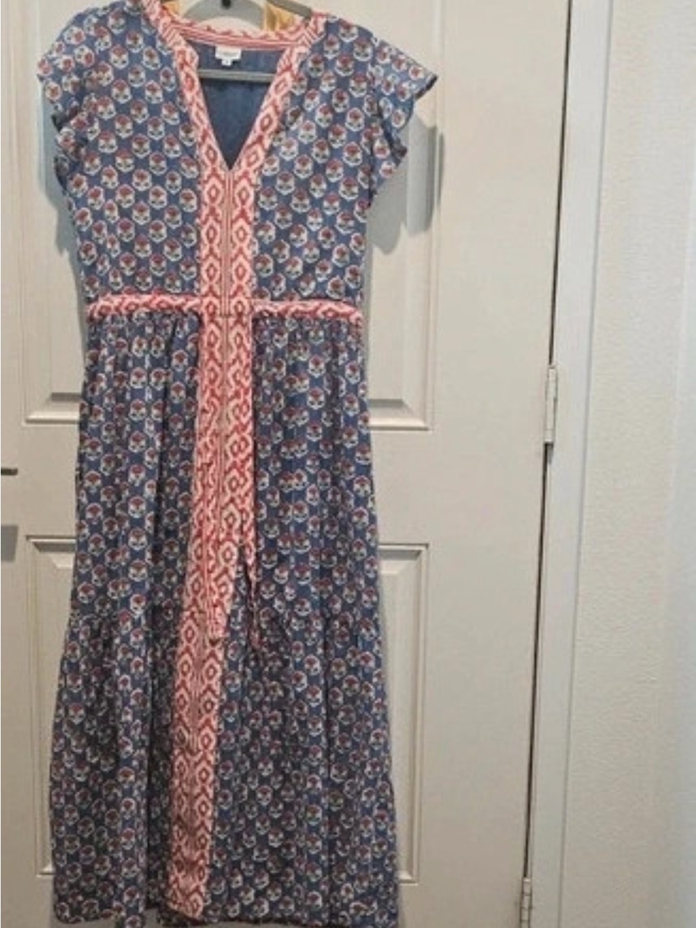 Blue Floral Maxi Dress with Pink Trim and Tie Waist Boho light comfy cool